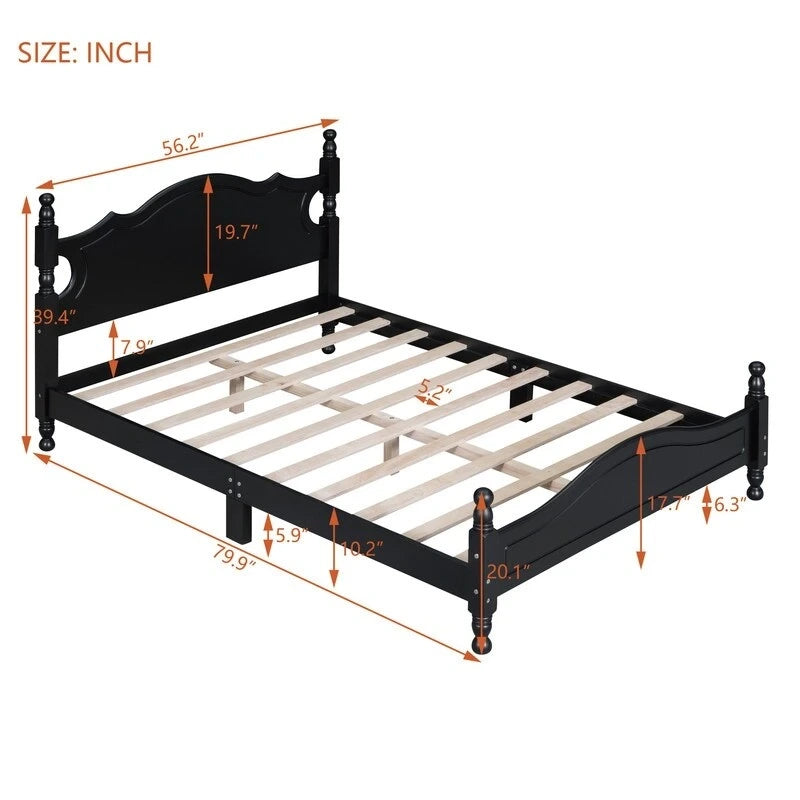 Retro Wood Platform Bed Frame with Wooden Slat Support