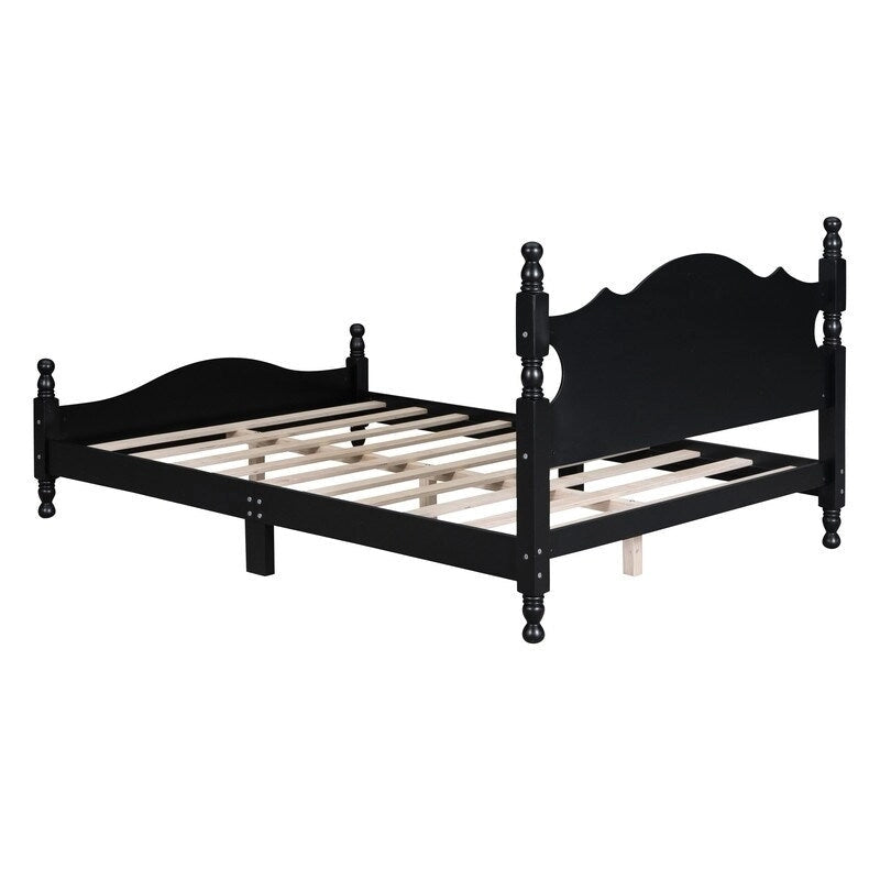 Retro Wood Platform Bed Frame with Wooden Slat Support