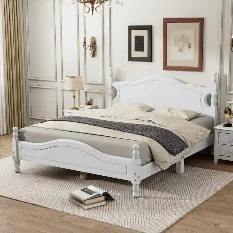 Retro Wood Platform Bed Frame with Wooden Slat Support