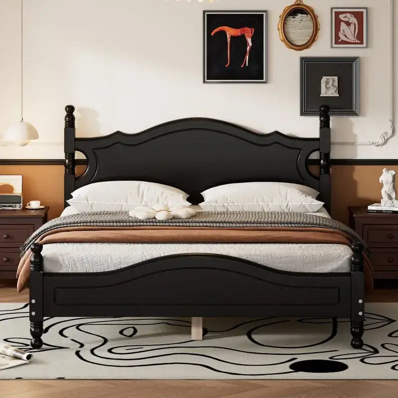Retro Wood Platform Bed Frame with Wooden Slat Support