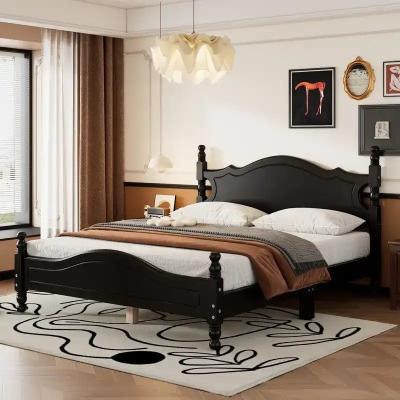 Retro Wood Platform Bed Frame with Wooden Slat Support