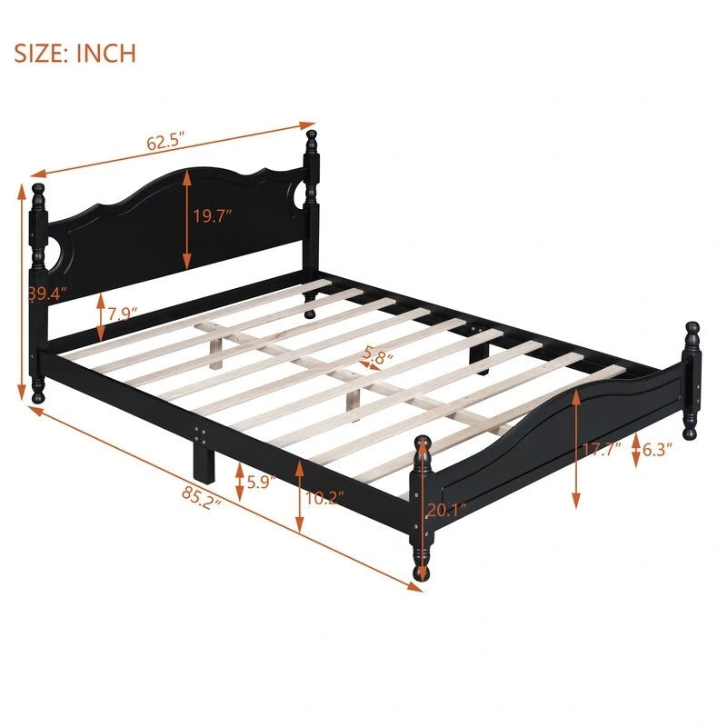 Retro Wood Platform Bed Frame with Wooden Slat Support