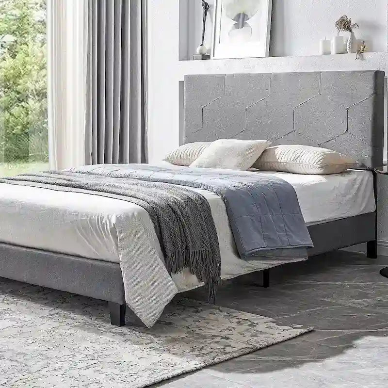 Queen Size Upholstered Platform Bed Frame,Wood Slat Support