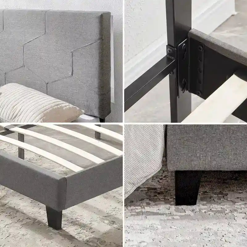 Queen Size Upholstered Platform Bed Frame,Wood Slat Support