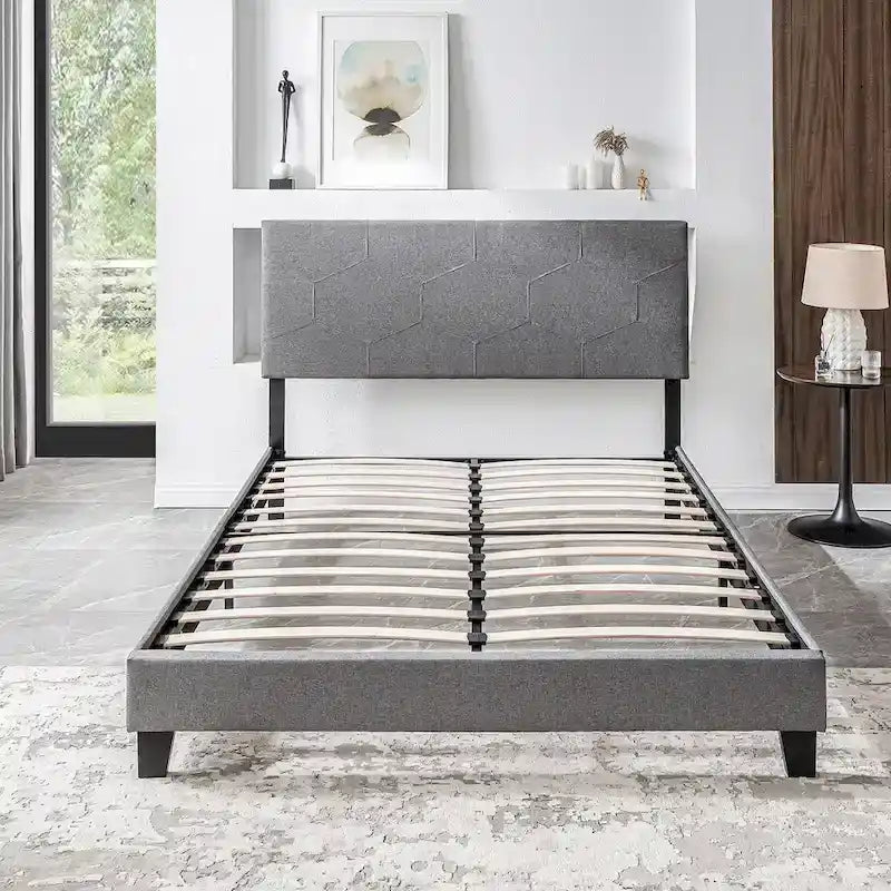 Queen Size Upholstered Platform Bed Frame,Wood Slat Support