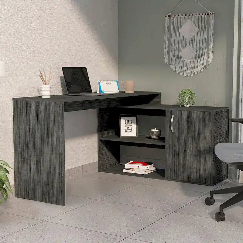 1-Drawer 2-Shelf L-Shaped Office Desk Smokey OakHigh quality and durable