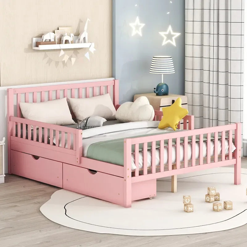Full Size Wood Platform Bed with Guardrails on Both Sides and Two Storage Drawers