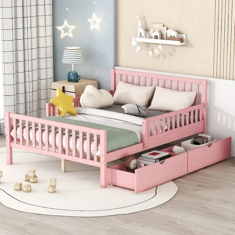Full Size Wood Platform Bed with Guardrails on Both Sides and Two Storage Drawers